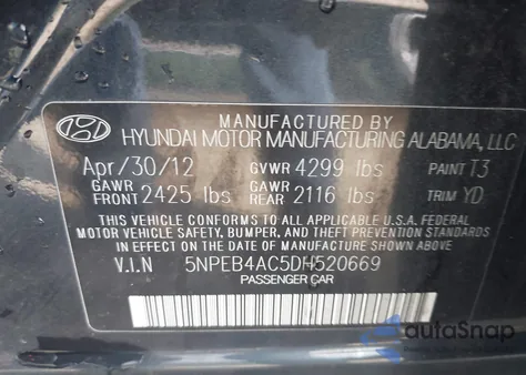 2013 Hyundai Sonata Gls из США, поврежденный, VIN 5NPEB4AC5DH520669